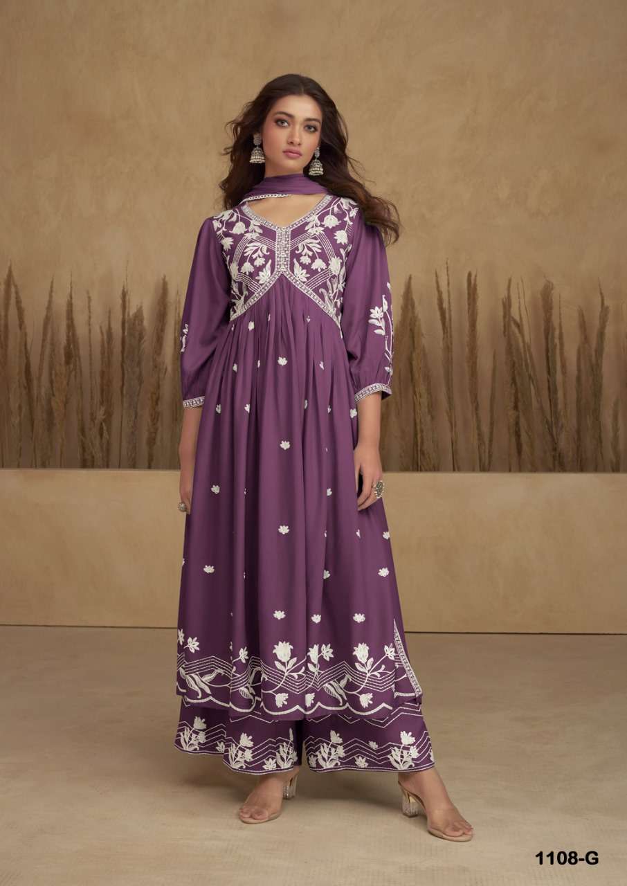 AADHRA VOL 5 SILVER COLOR PURE RAYON LAKHNAWI WORK NAYRA CUT KURTI WITH COTTON PLAZZO AND DUPATTA BY S3FOREVER BRAND 1108 G